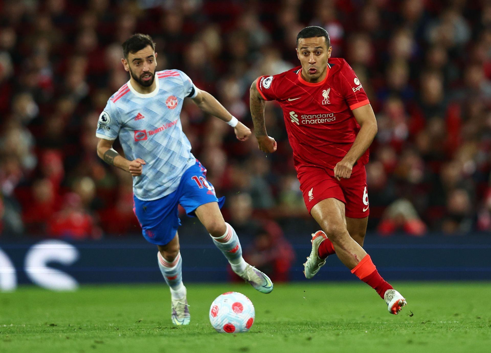 Thiago Alcantara in action against Bruno Fernandes