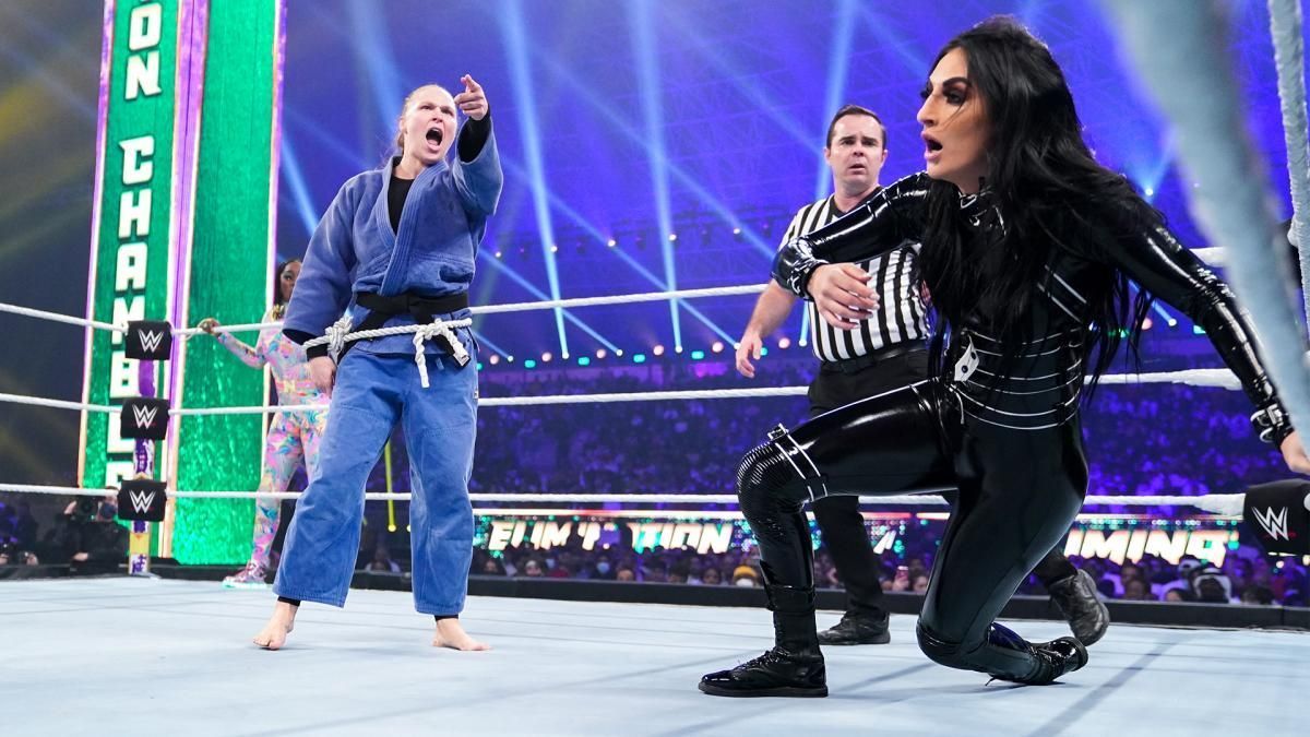 Rousey colliding with Sonya Deville at WWE Elimination Chamber in Saudi Arabia