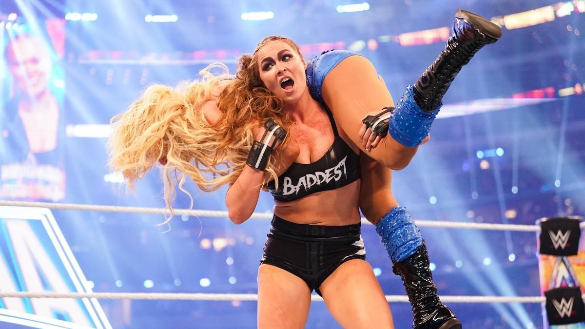 &quot;Rowdy&quot; Ronda Rousey in action against Charlotte Flair at WrestleMania 38