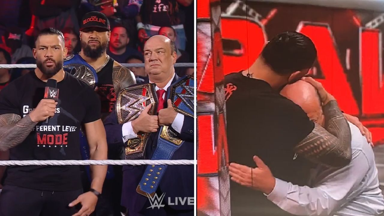 The Bloodline; Reigns consoling Paul Heyman during the dark match