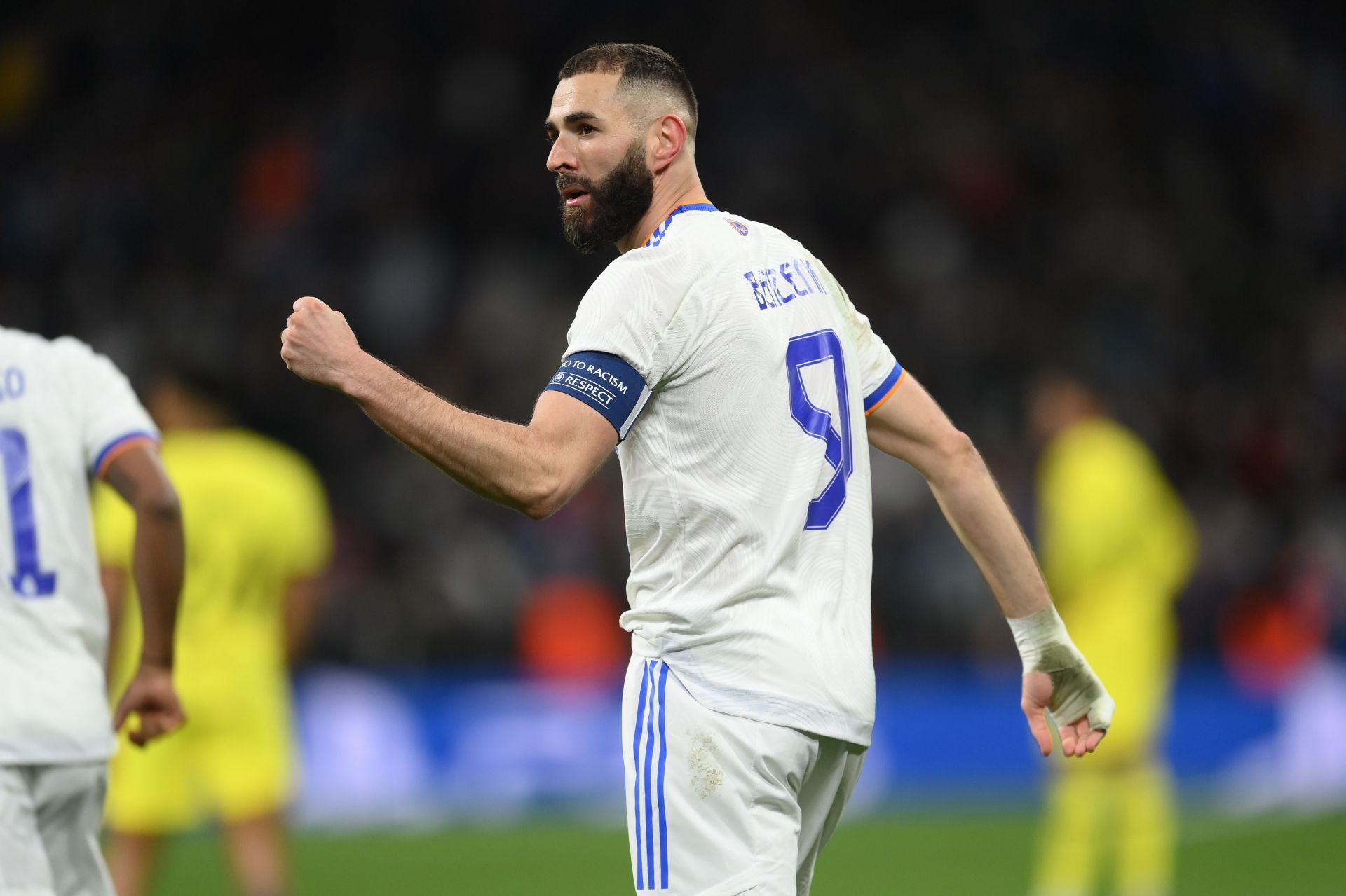 Benzema celebrates his header against the Blues