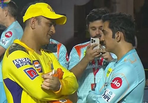 CSK's MS Dhoni catches up with Gautam Gambhir