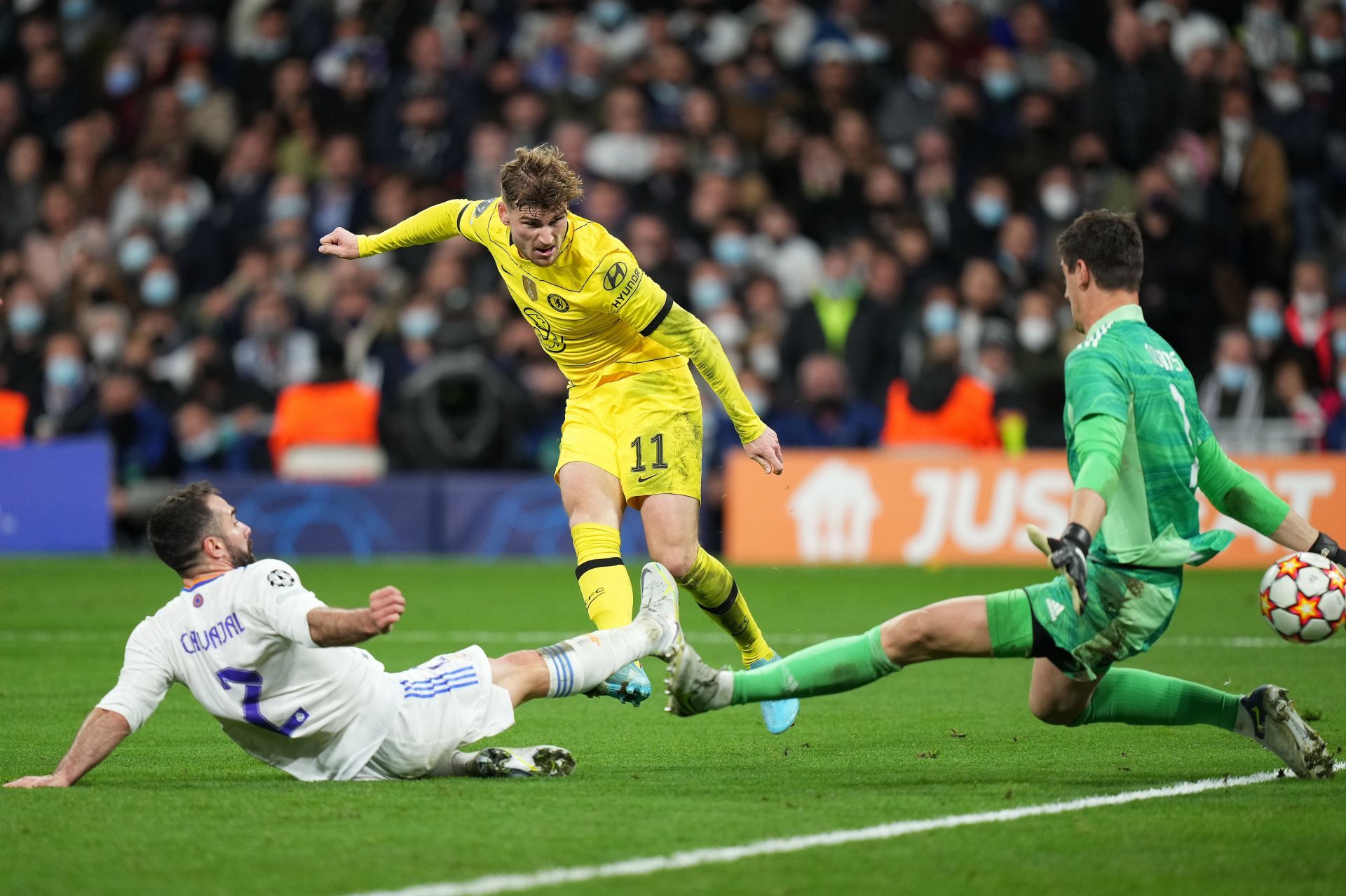 Timo Werner (#11, C) scores against Real Madrid