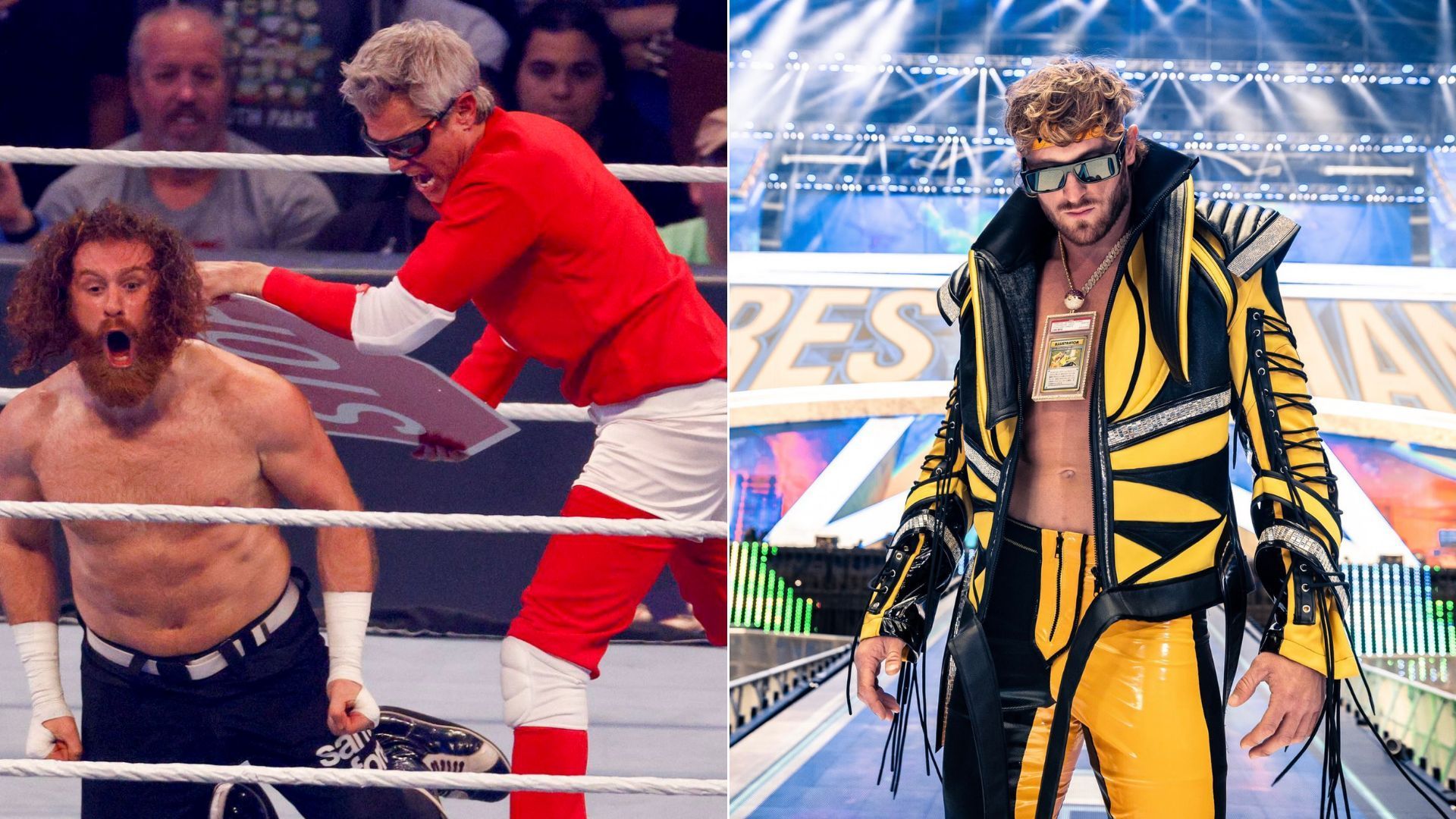 Sami Zayn and Johnny Knoxville at WrestleMania 38; Logan Paul