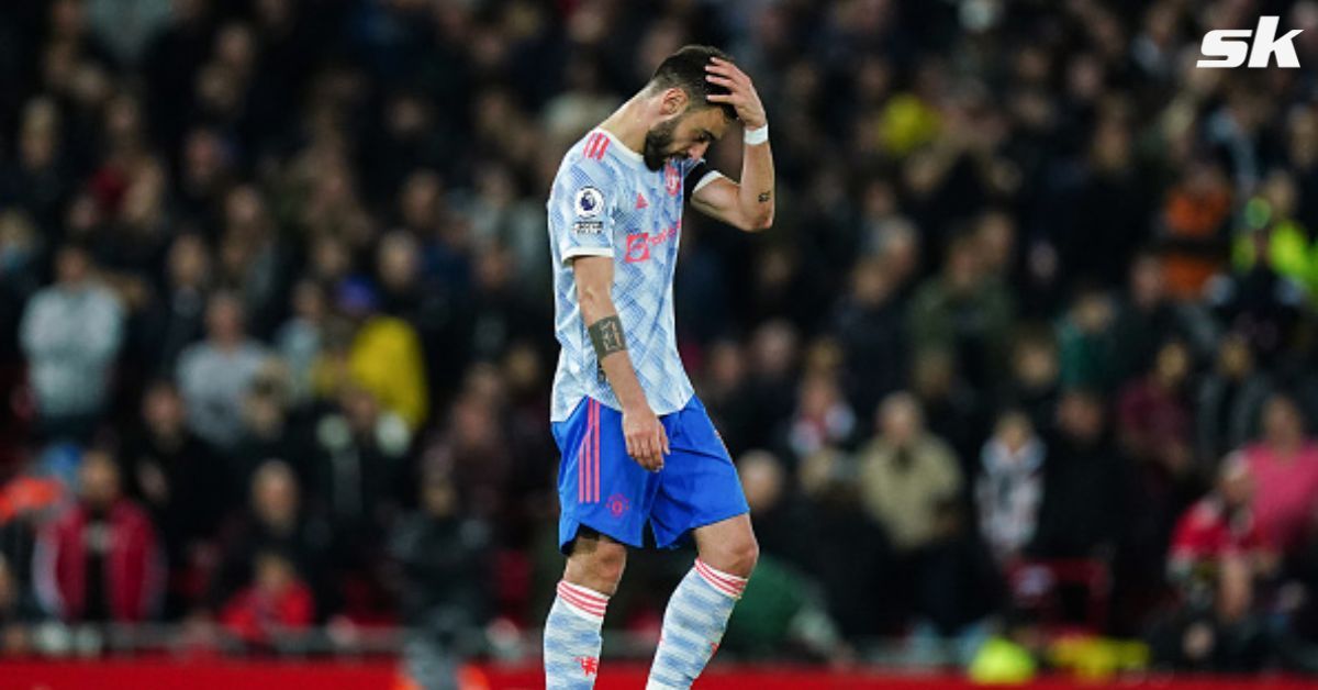 Red Devils midfielder Bruno Fernandes reacts during their loss to Liverpool.