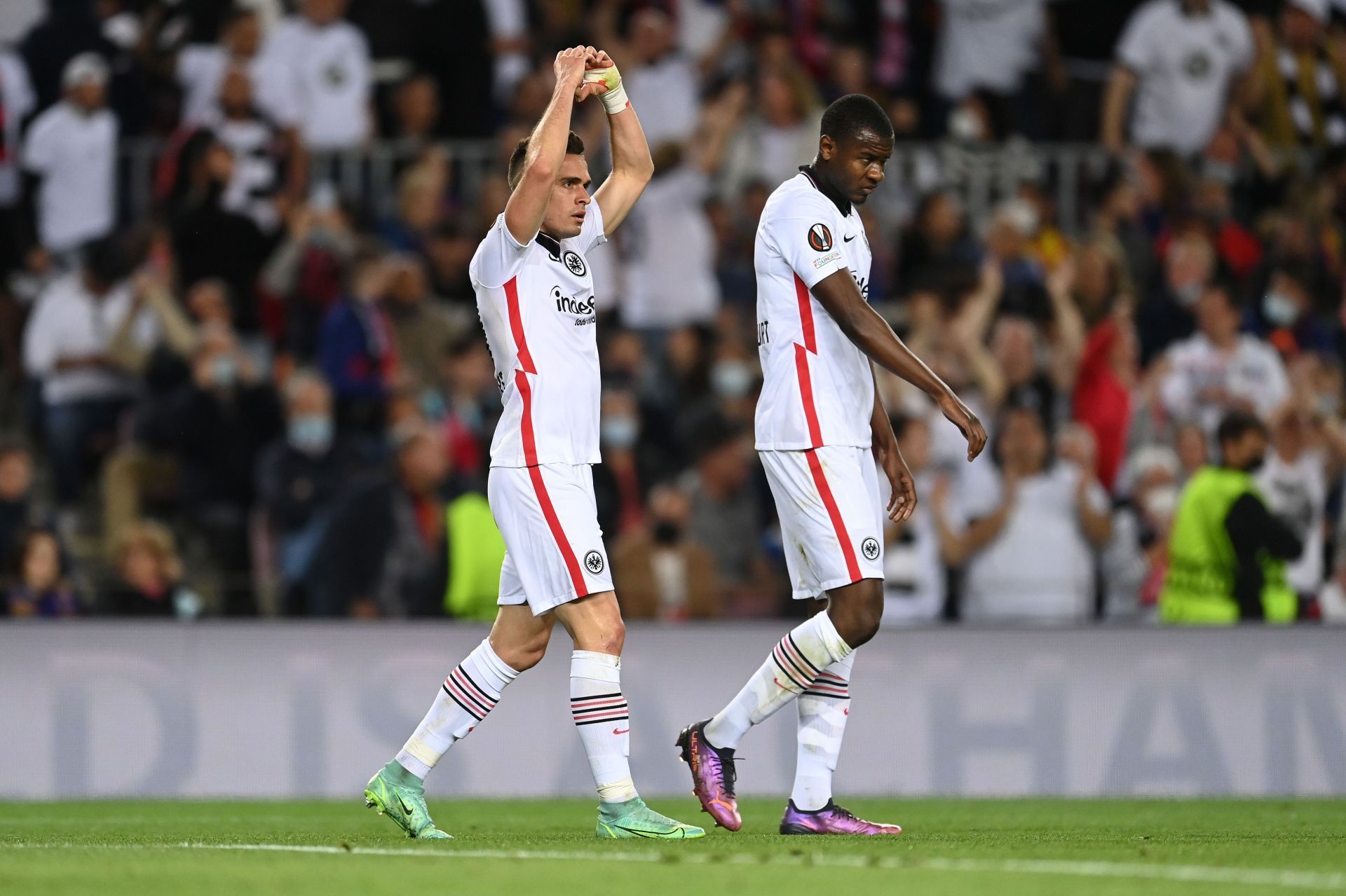 Rafael Borre (L) celebrates his stunning strike against the Spanish giants