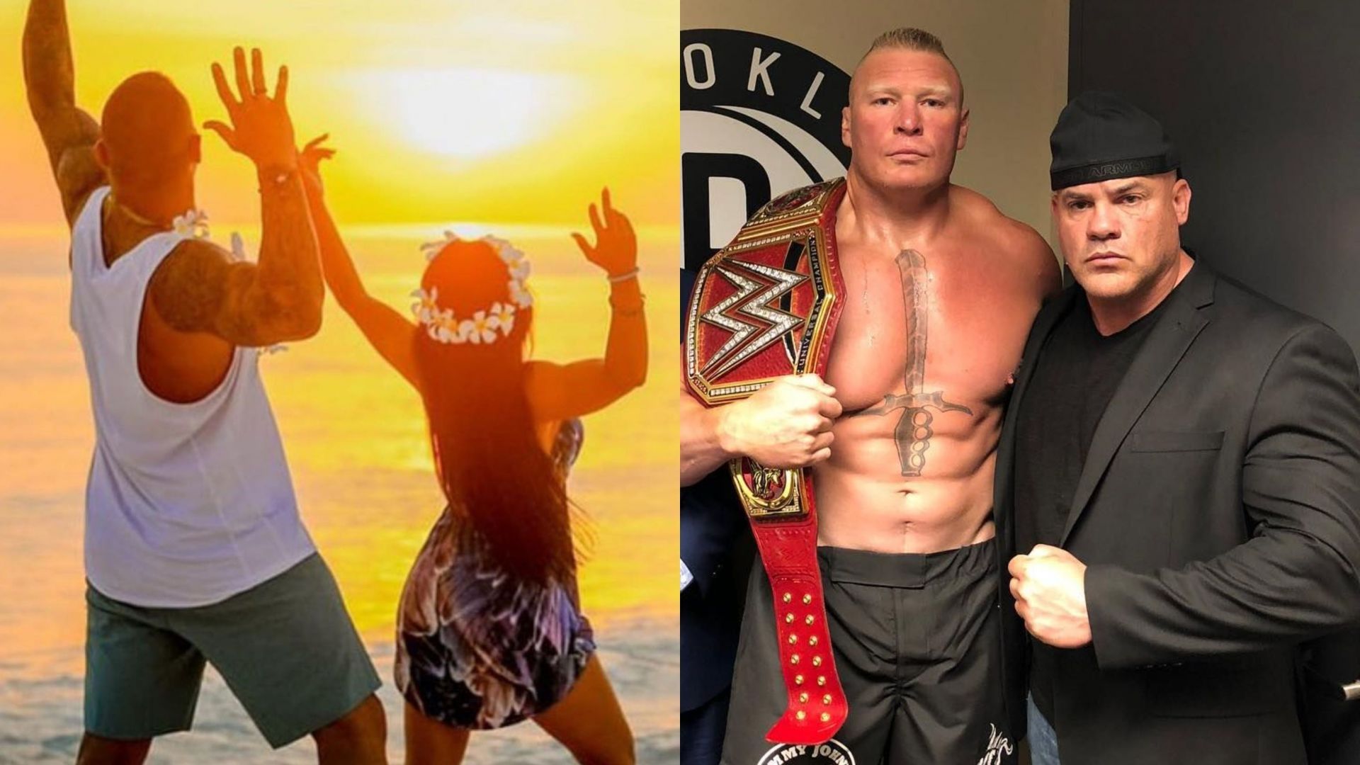 Randy Orton with his wife (left) and Brock Lesnar with Elektra Lopez&#039;s husband (right)