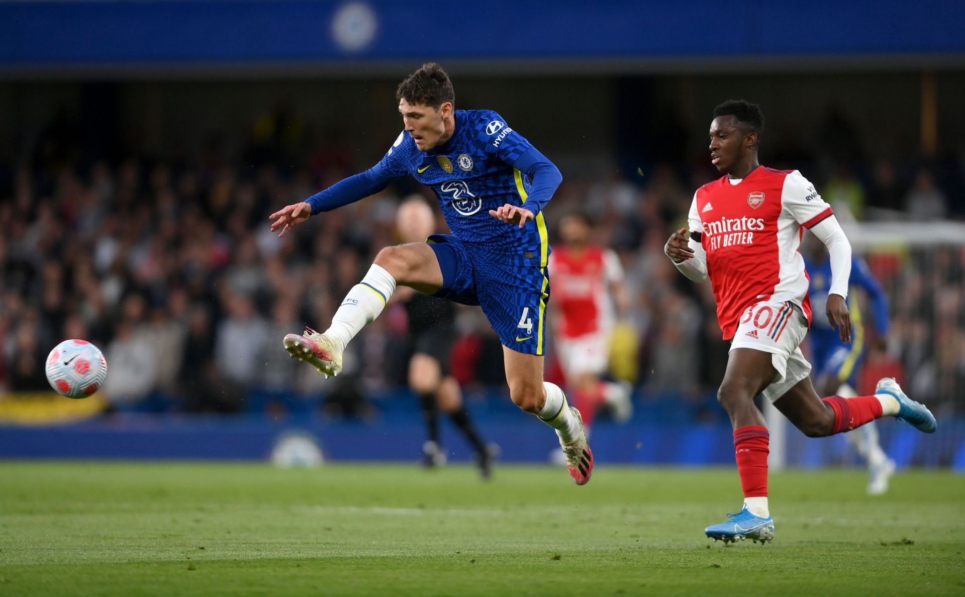 Andreas Christensen (C, #4) is chased down by Eddie Nketiah (R)