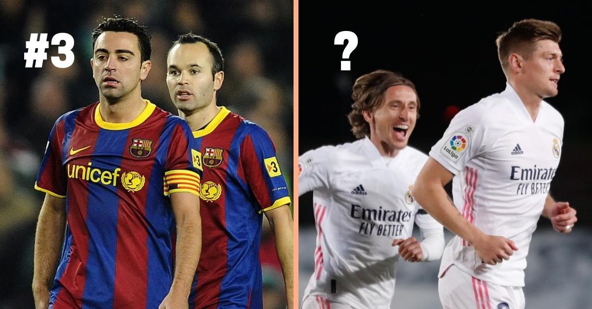 Xavi and Andres iniesta (left) and Luka Modric and Toni Kroos (right)