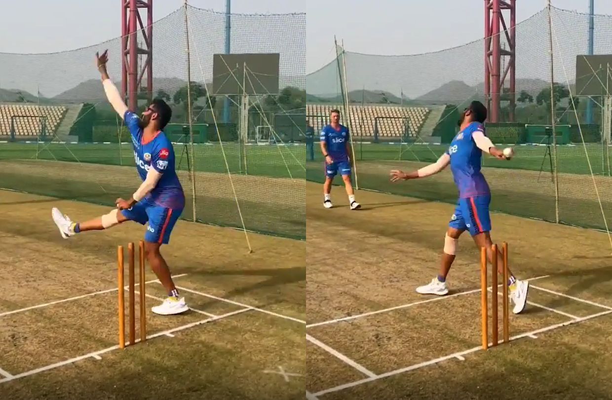 Jasprit Bumrah bowling left-handed during practice. Pic: MI/ Twitter