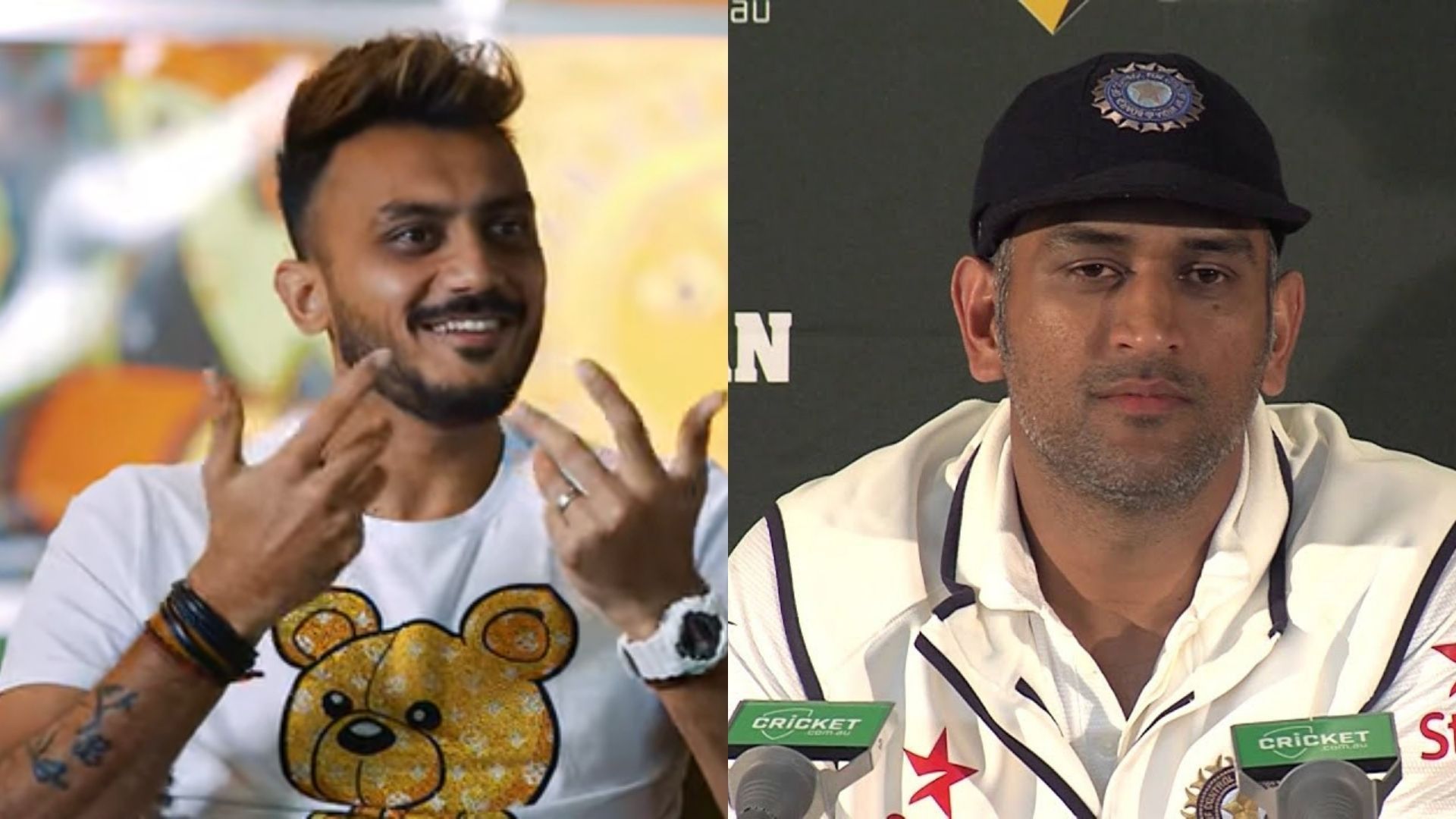 Axar Patel (L) and MS Dhoni (P.C.:BwC YouTube &amp; cricket.com.au)