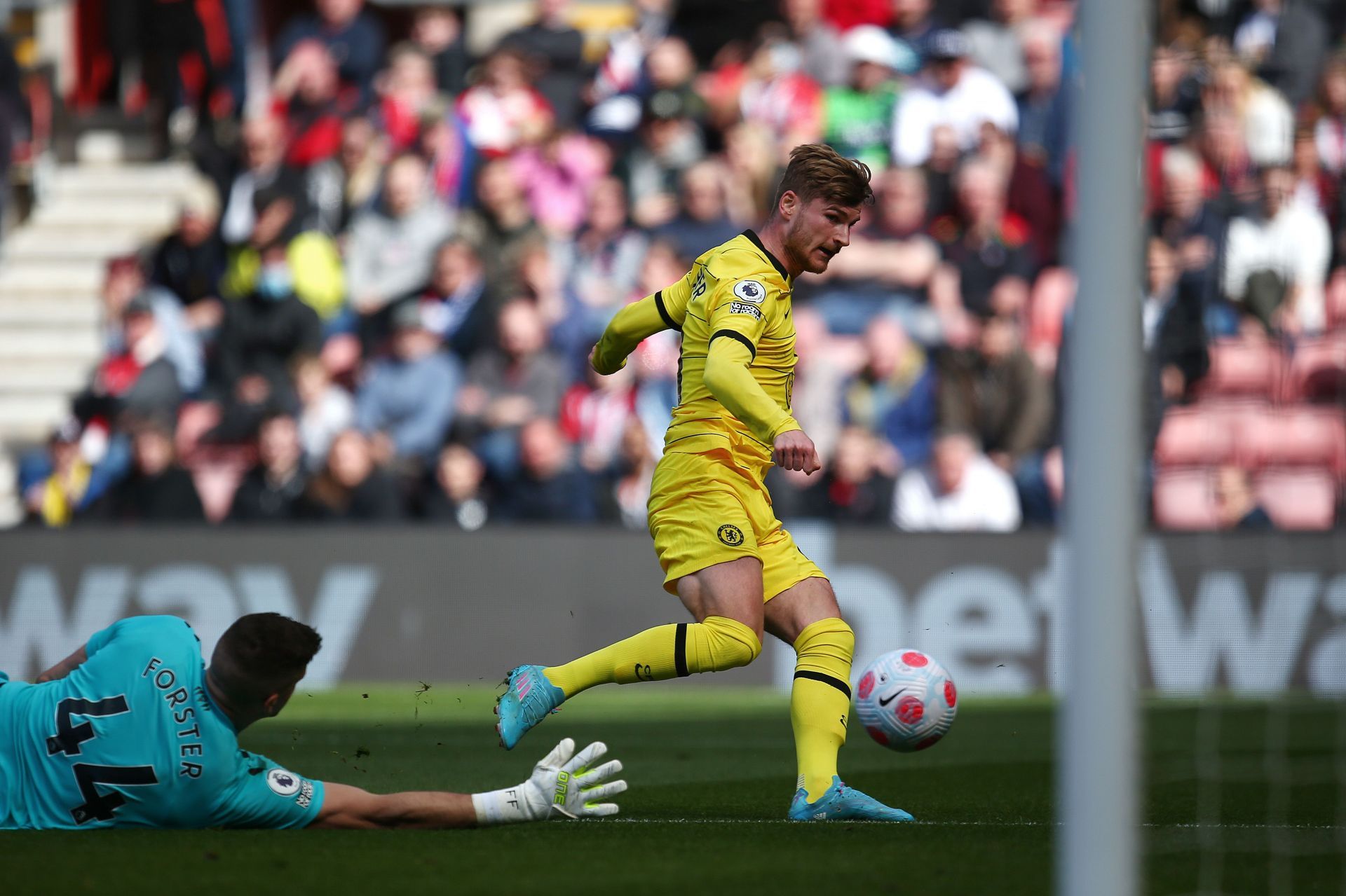 Timo Werner goes around Fraser Forster.