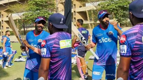 Jasprit Bumrah and Sanju Samson had a hilarious interaction during the practice session (Image Courtesy: Rajasthan Royals)