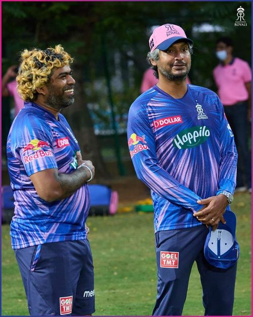 Kumar Sangakkara and Lasith Malinga (Credit: Twitter/RR)