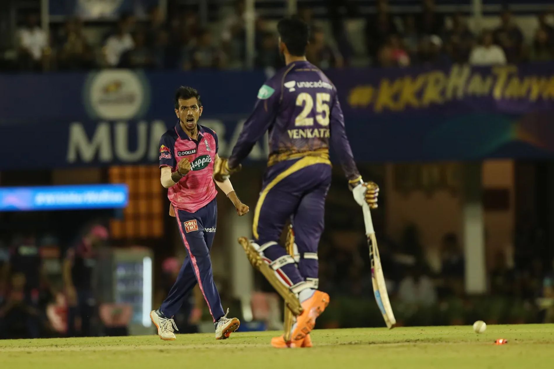 Yuzvendra Chahal celebrates after dismissing KKR batter Venkatesh Iyer. Pic: IPLT20.COM