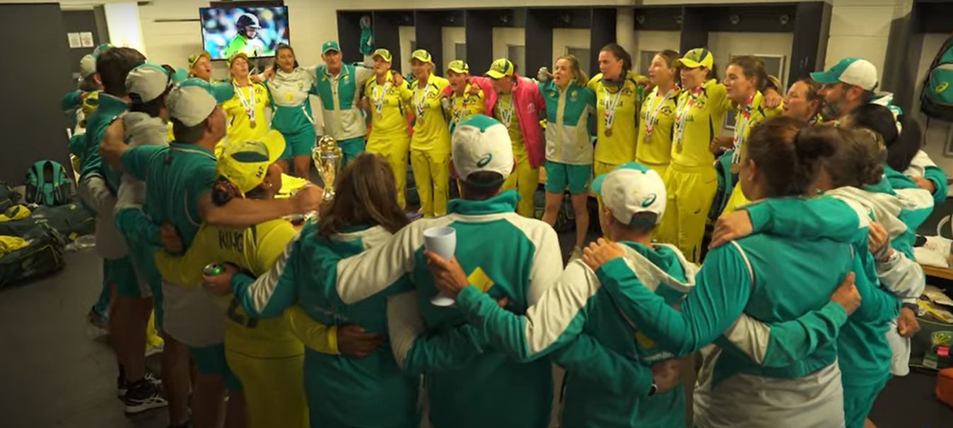 Australia celebrate in the dressing room after winning Women&rsquo;s World Cup 2022. Pic: ICC