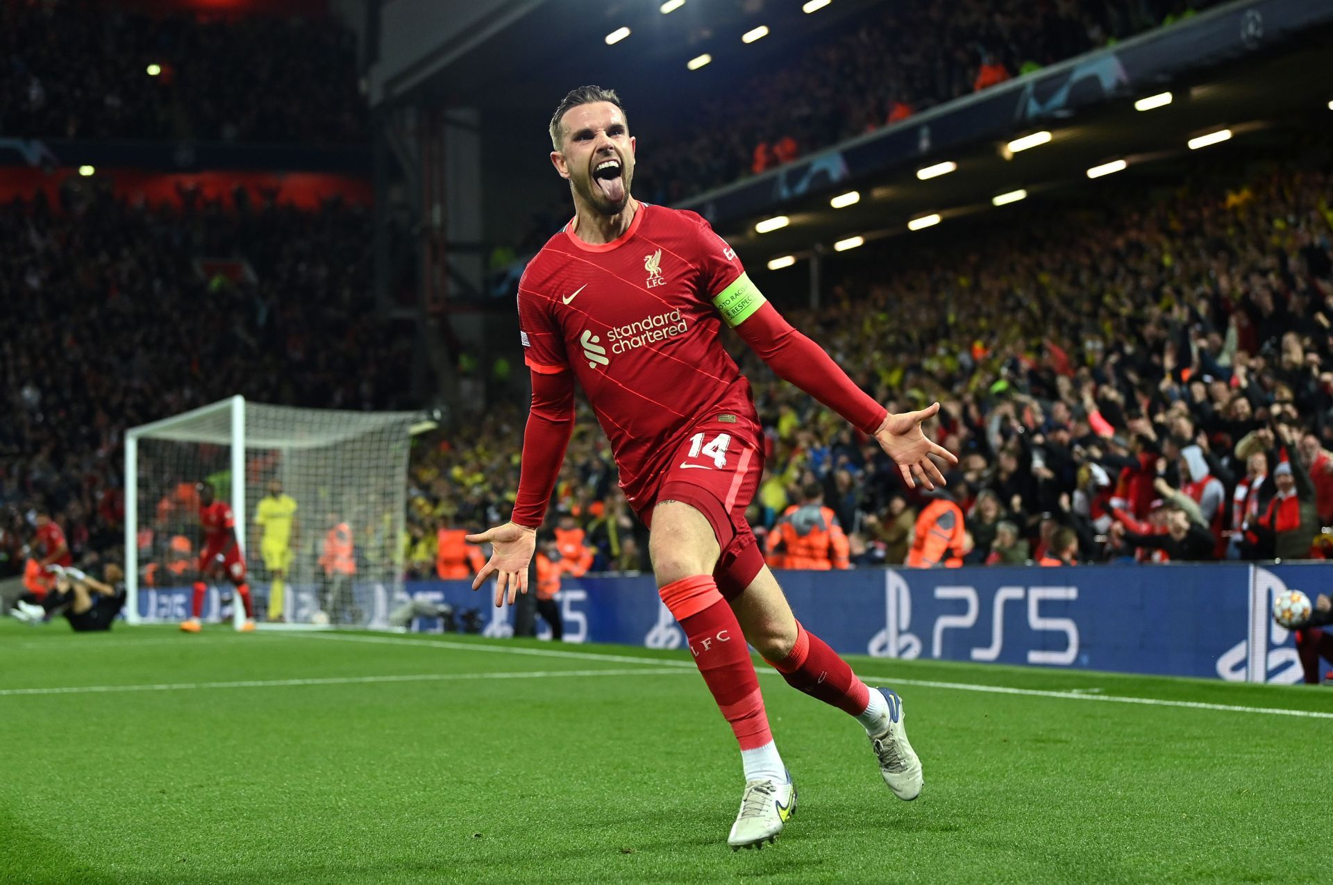 Jordan Henderson celebrates after Liverpool&#039;s opener.