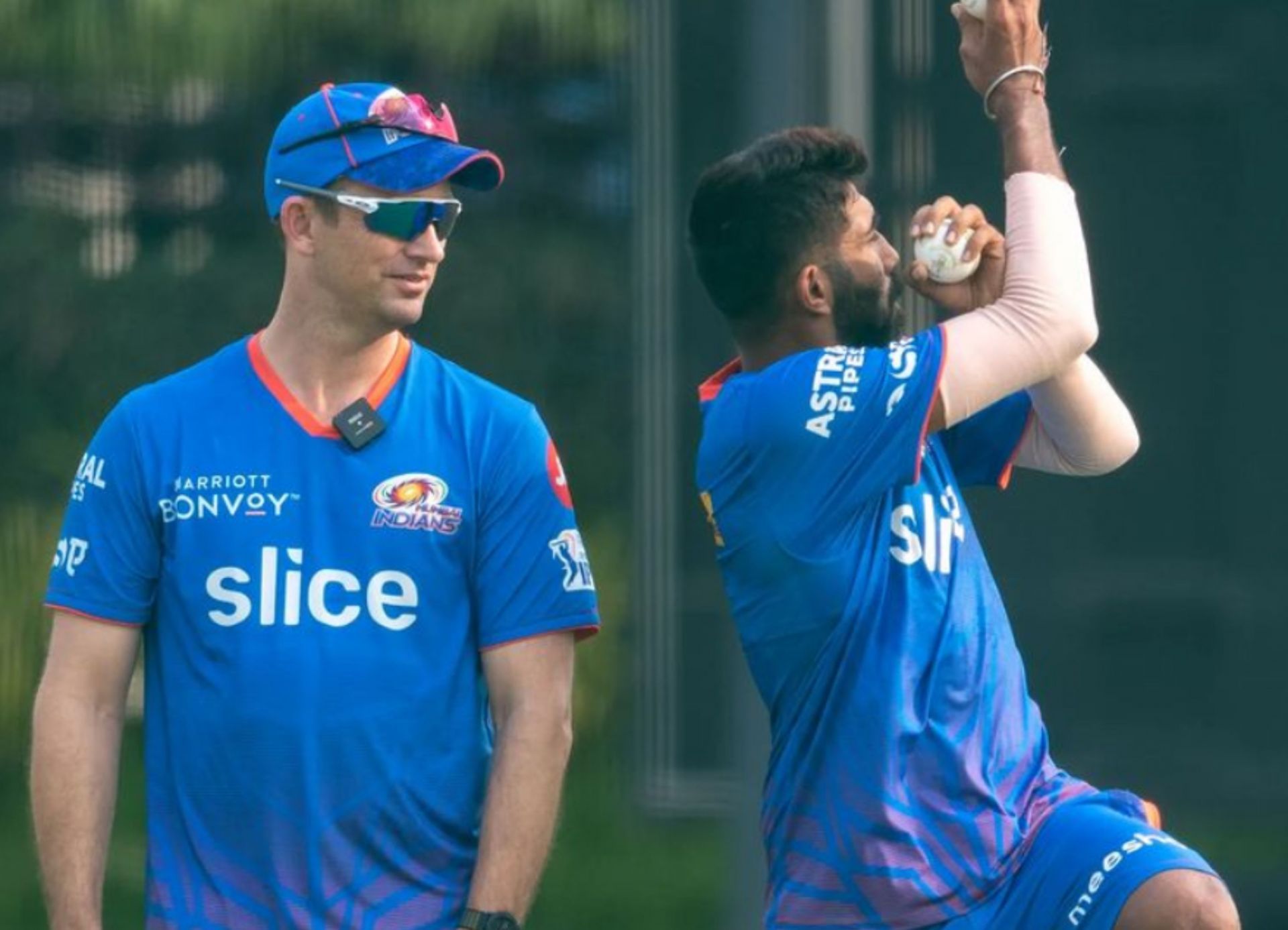 Shane Bond with Jasprit Bumrah in the MI nets (PC: MI/Instagram)