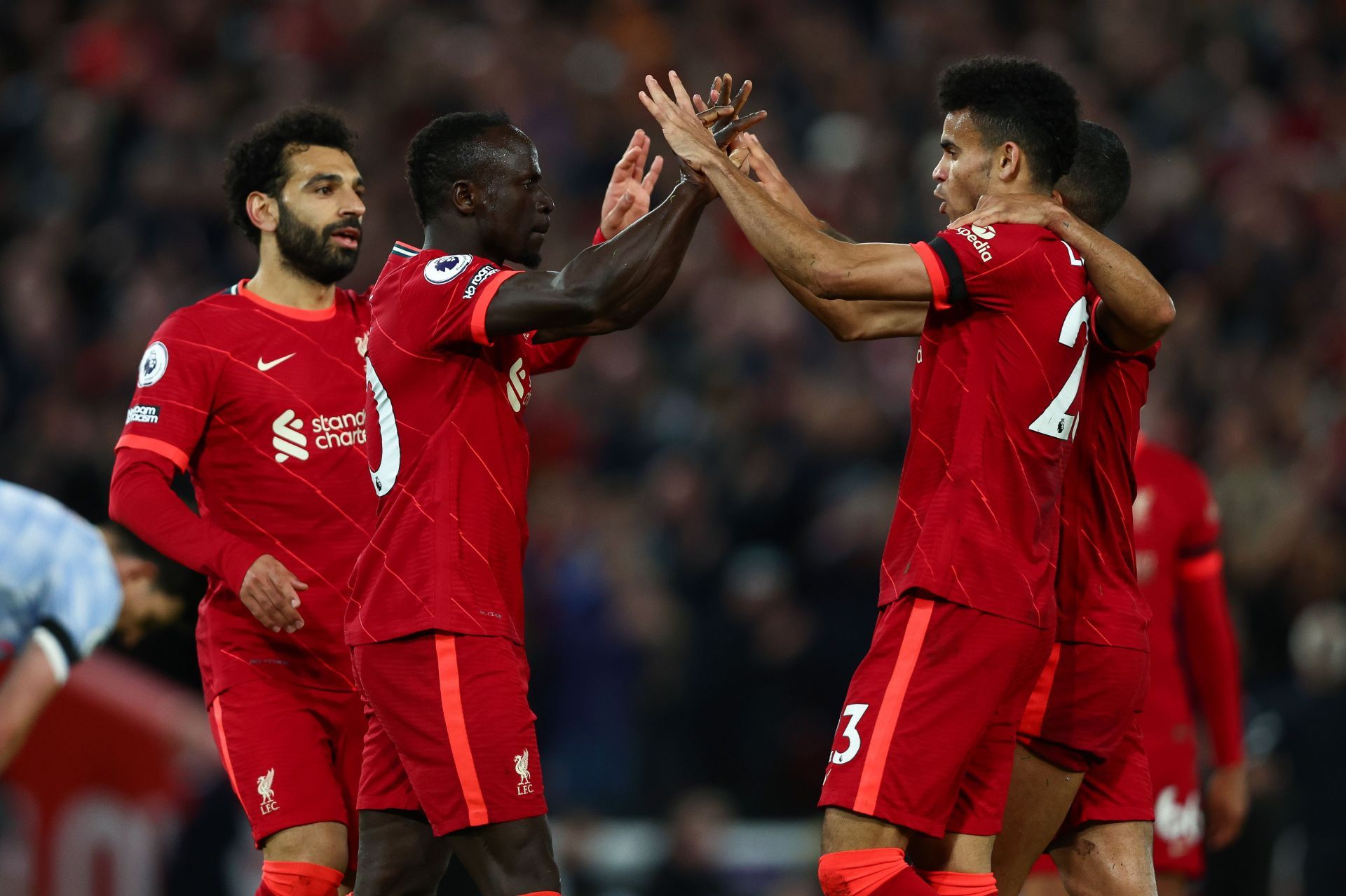 Sadio Mane and Luis Diaz celebrate Liverpool&#039;s 3rd goal