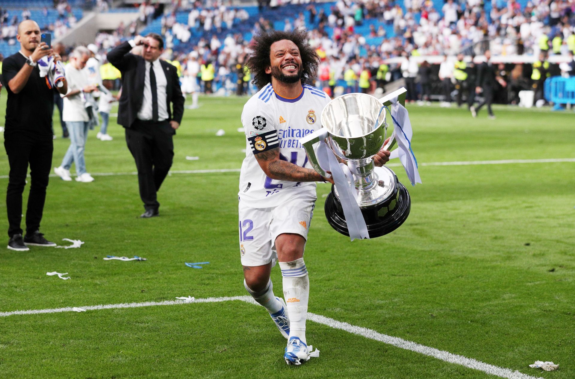 Marcelo celebrates with the La Liga trophy.