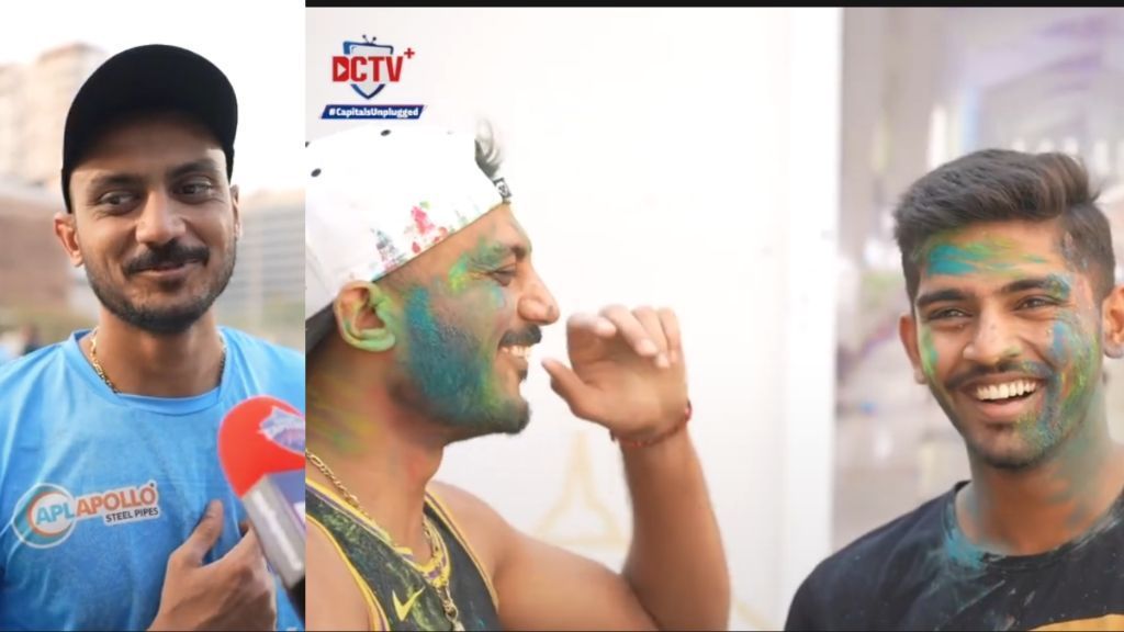 Axar Patel and Vicky Ostwal met during Delhi Capitals&#039; Holi celebrations earlier this year (Image Courtesy: DCTV)