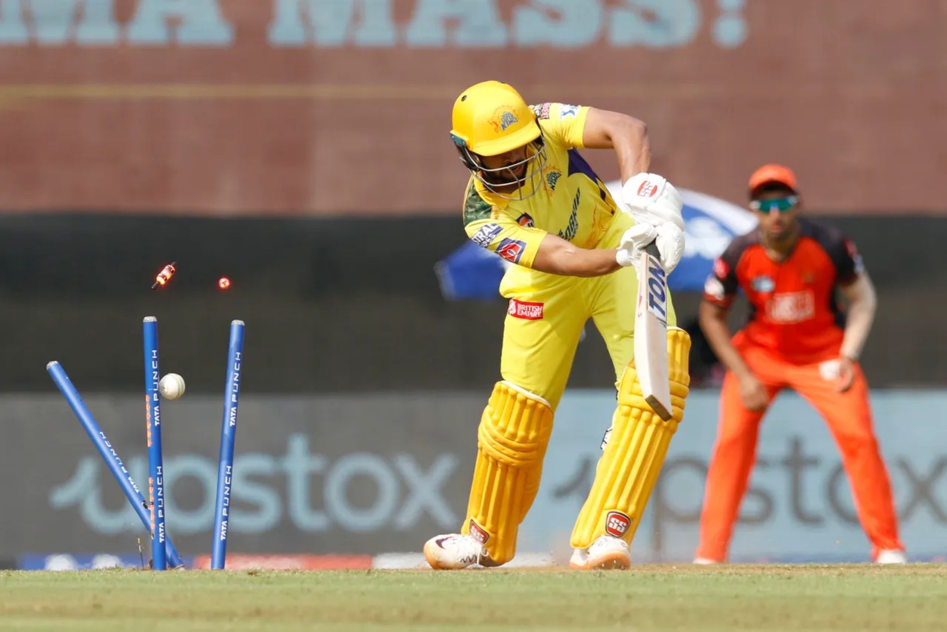 CSK’s Ruturaj Gaikwad is bowled by T Natarajan during match 17 against SRH. The Chennai opener has only managed 35 runs in five matches this season.