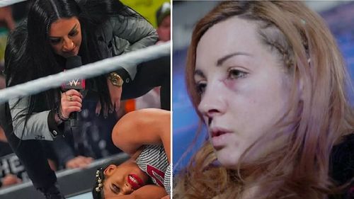 Deville attacks Bianca on RAW (left); Becky Lynch (right)