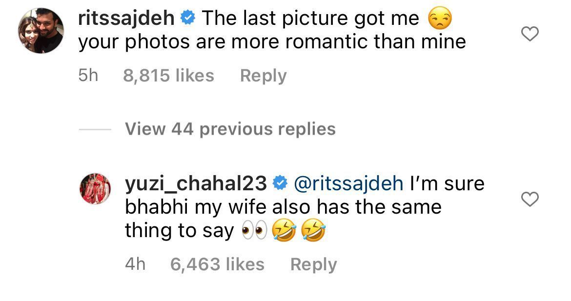 Yuzvendra Chahal's response to Ritika Sajdeh's comment