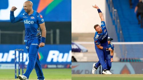 Tymal Mills (L) and Daniel Sams in action for Mumbai in IPL 2022. (P.C.:iplt20.com)