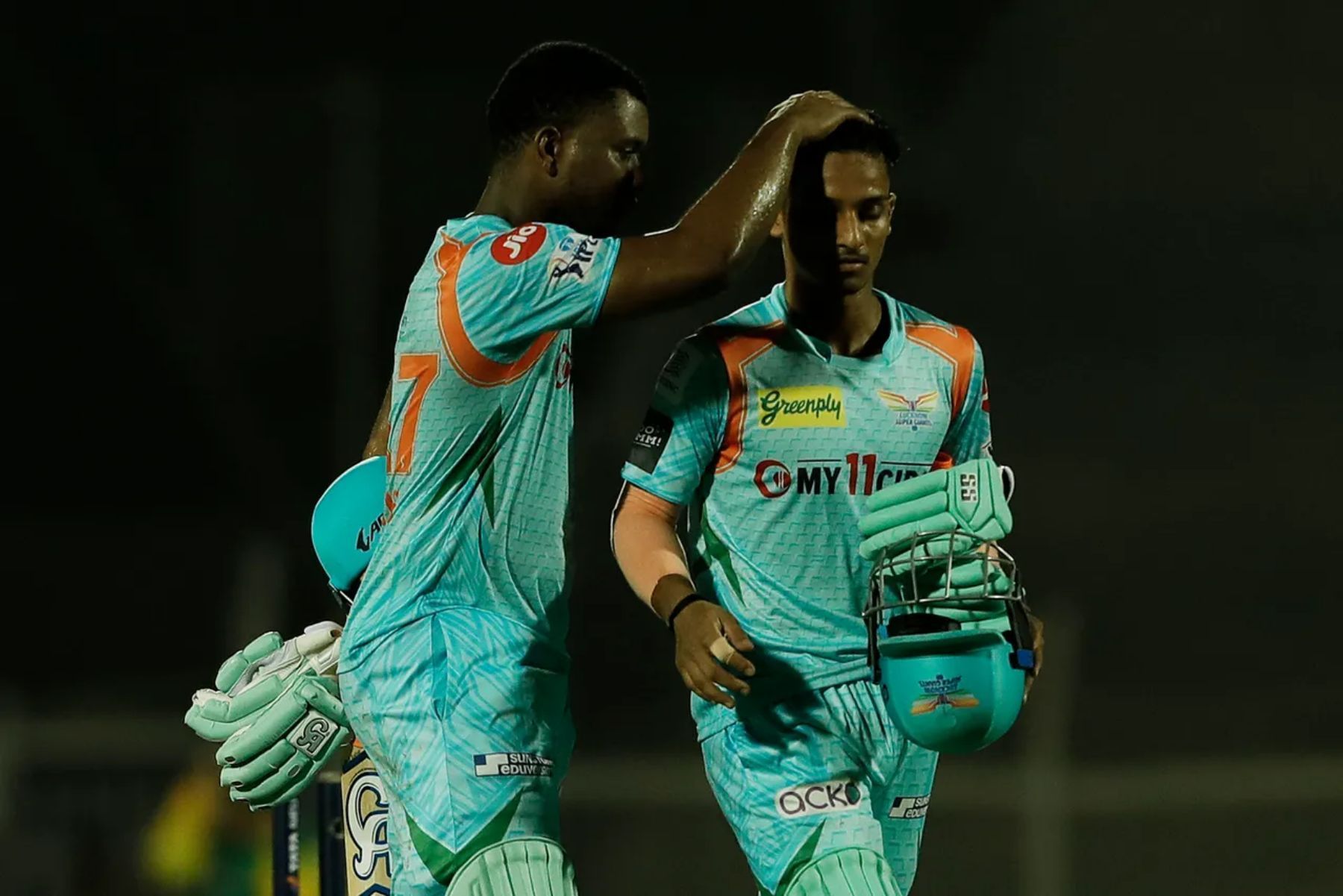 Evin Lewis and Ayush Badoni after Lucknow&#039;s win. Pic: IPLT20.COM
