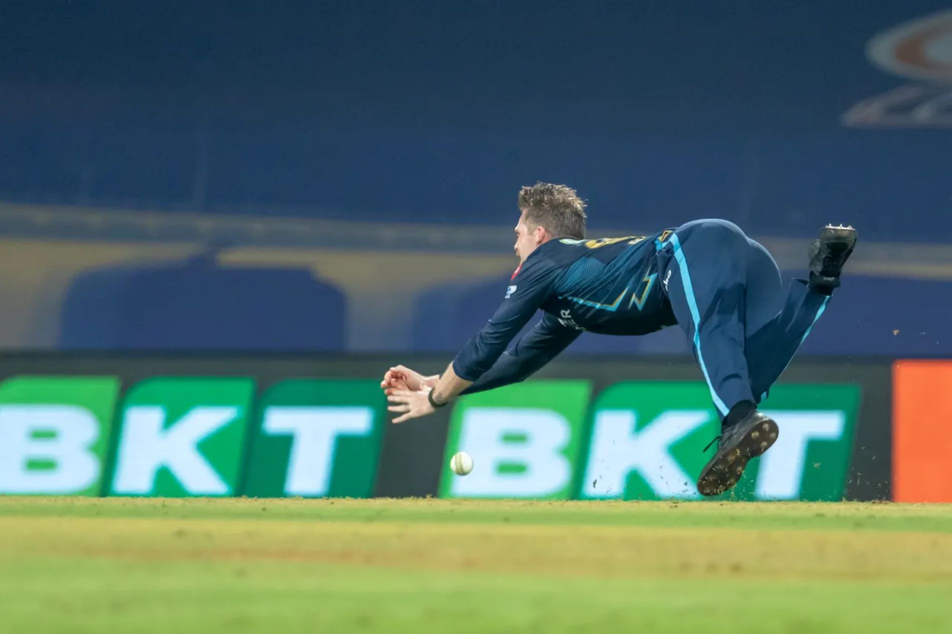 GT pacer Lockie Ferguson attempts to pull off a diving catch off his own bowling against SRH in Match 21. He dropped the ball but the cameras caught him in a rather interesting posture.