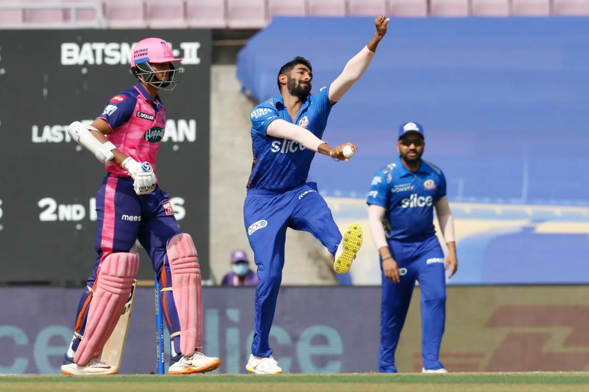 Jasprit Bumrah bowling against Rajasthan Royals. Pic: IPLT20.COM