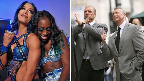 Sasha Banks and Naomi (left); Triple H and Vince McMahon (right)