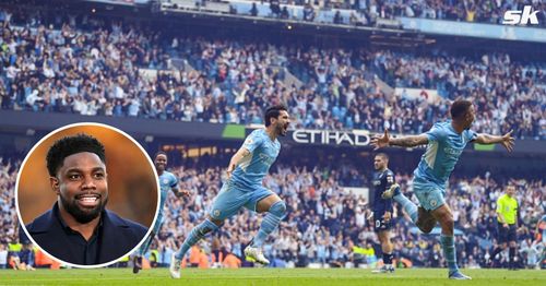 Manchester City players celebrate a goal against Aston Villa; (inset) Micah Richards