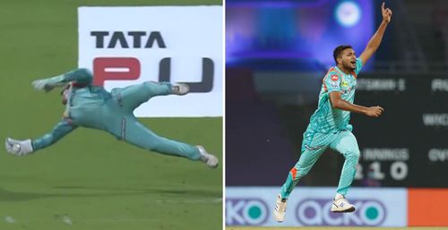 Quinton de Kock grabbed a fine catch to dismiss Venkatesh Iyer (Credit: Twitter)