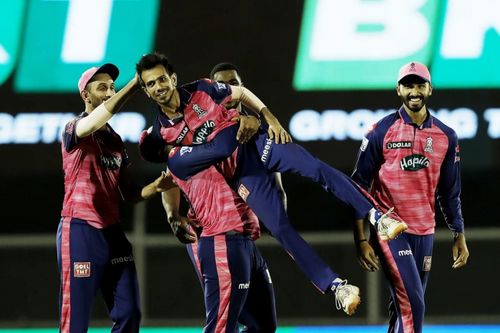 RR leggie Yuzvendra Chahal celebrates a wicket with teammates. Pic: IPLT20.COM