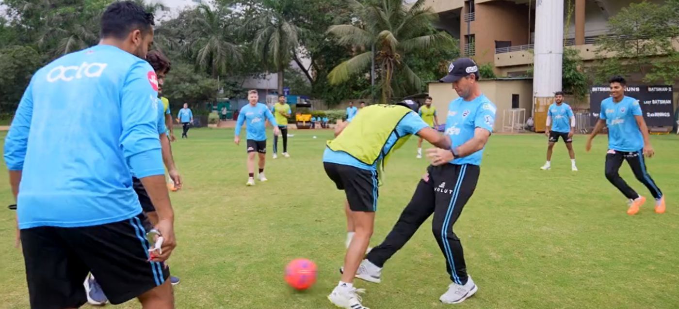 Ricky Ponting tests his football skills. Pic: DC/ Twitter