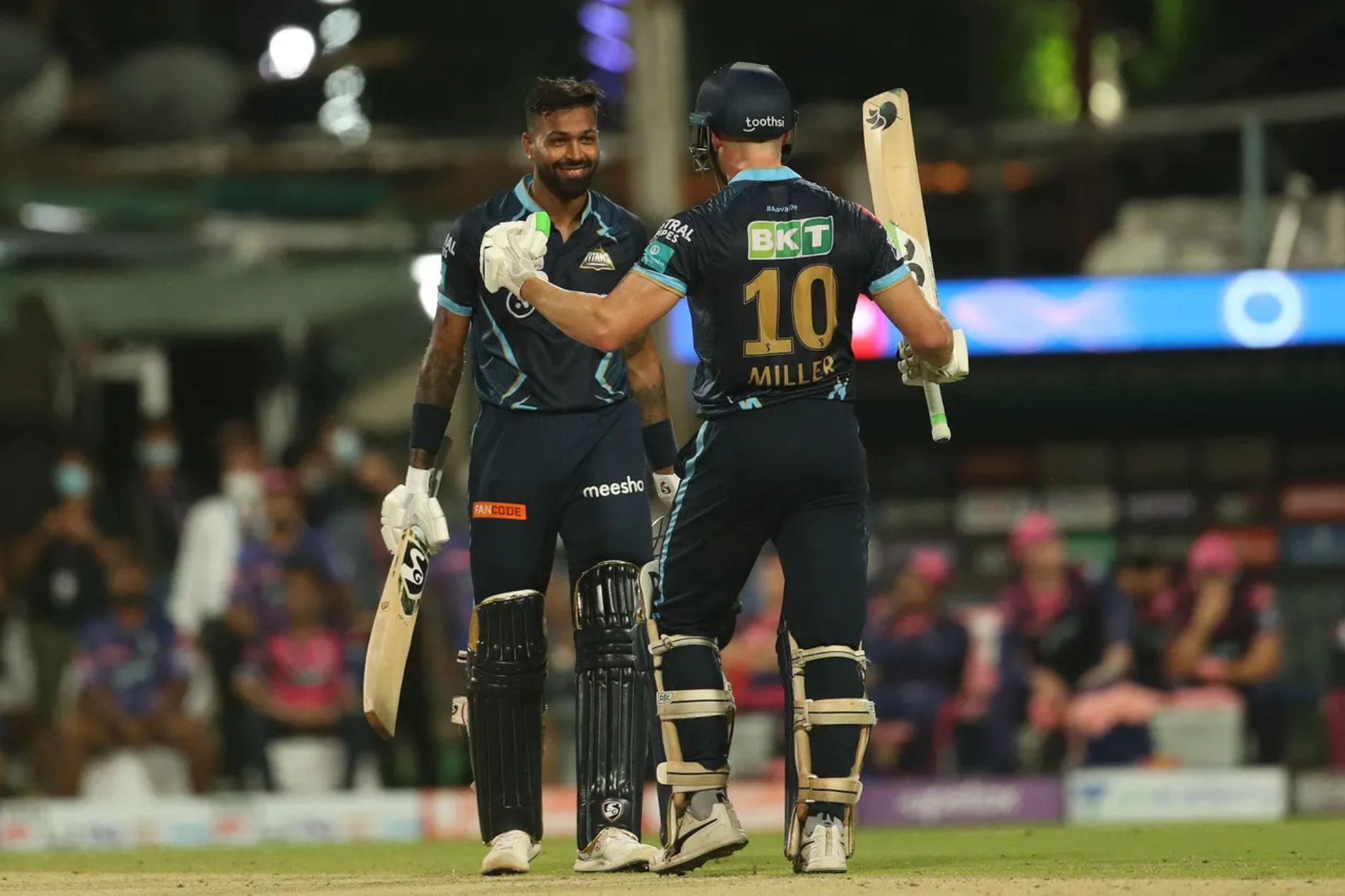 David Miller (right) and Hardik Pandya after GT&rsquo;s win over RR. Pic: IPLT20.COM