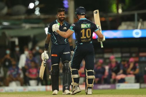 David Miller (right) and Hardik Pandya after GT’s win over RR. Pic: IPLT20.COM