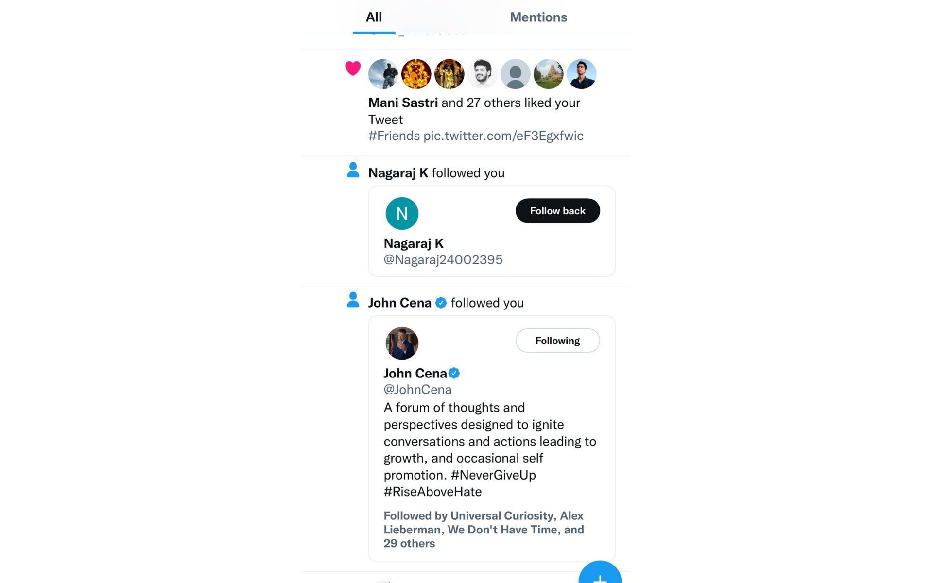 Agnishwar Jayaprakash shared a screenshot where John Cena followed him on Twitter