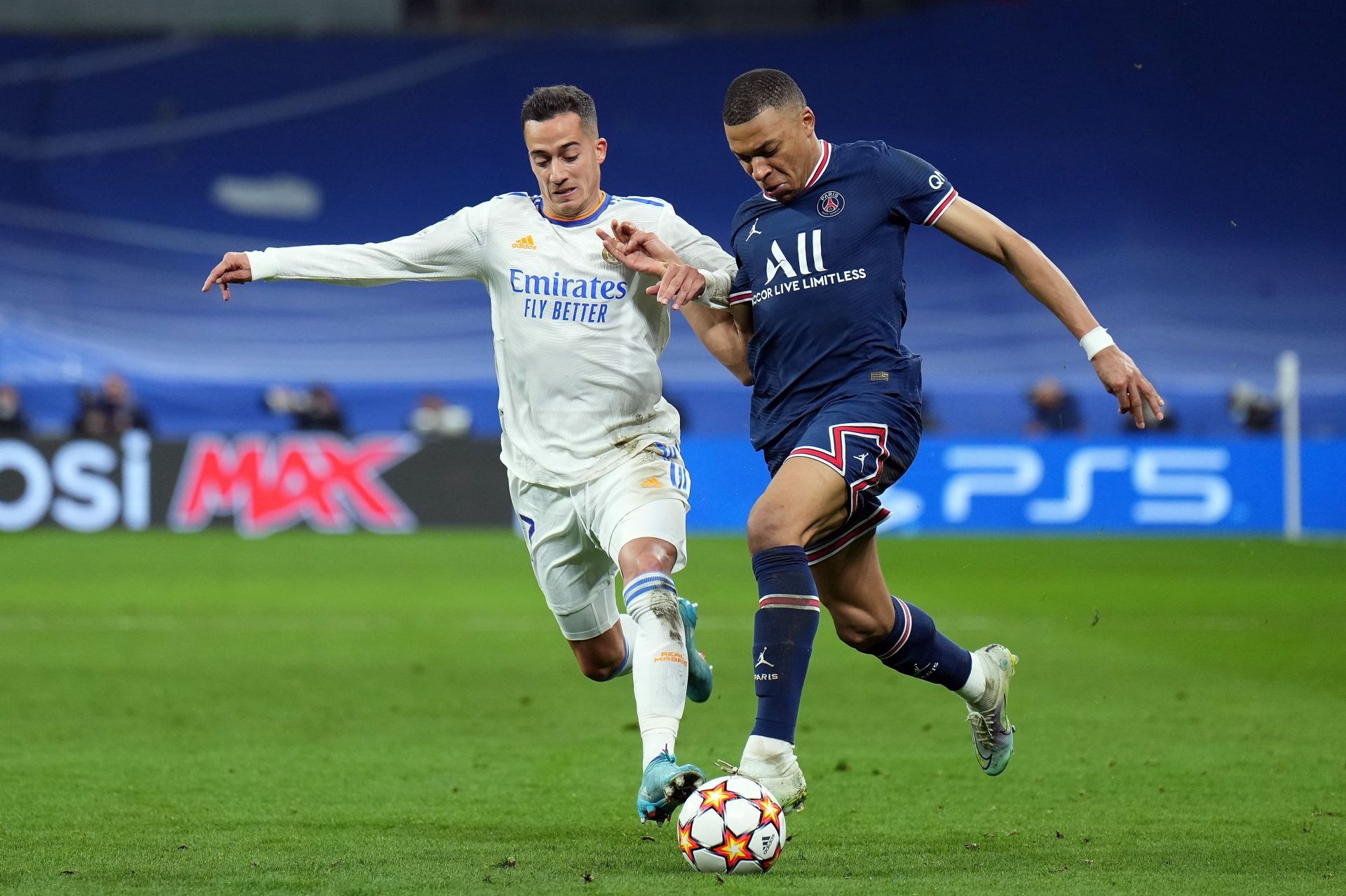 Mbappe in action during a clash with Real Madrid in the UCL round of 16 this season.