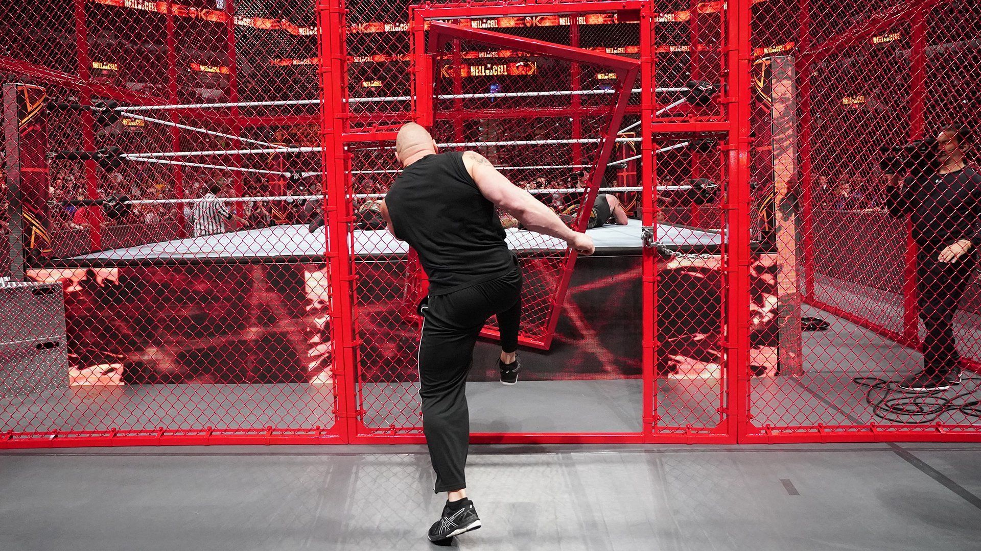 Brock Lesnar in the midst of kicking the Hell in a Cell door down/credit WWE