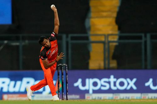 T Natarajan bowling against Mumbai. Pic: IPLT20.COM