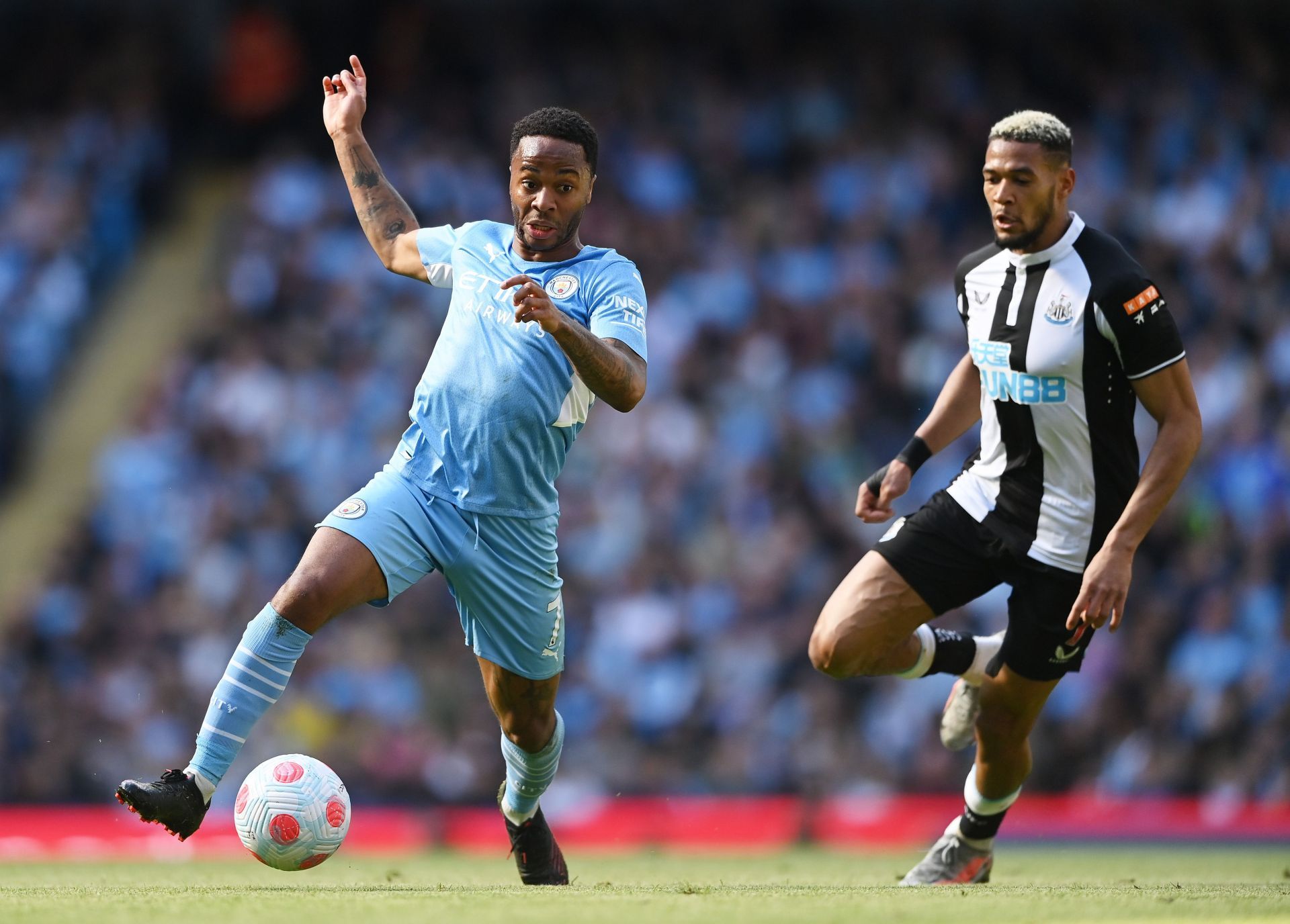 Manchester City's Raheem Sterling (L, #7) was the main man against Newcastle United on Sunday