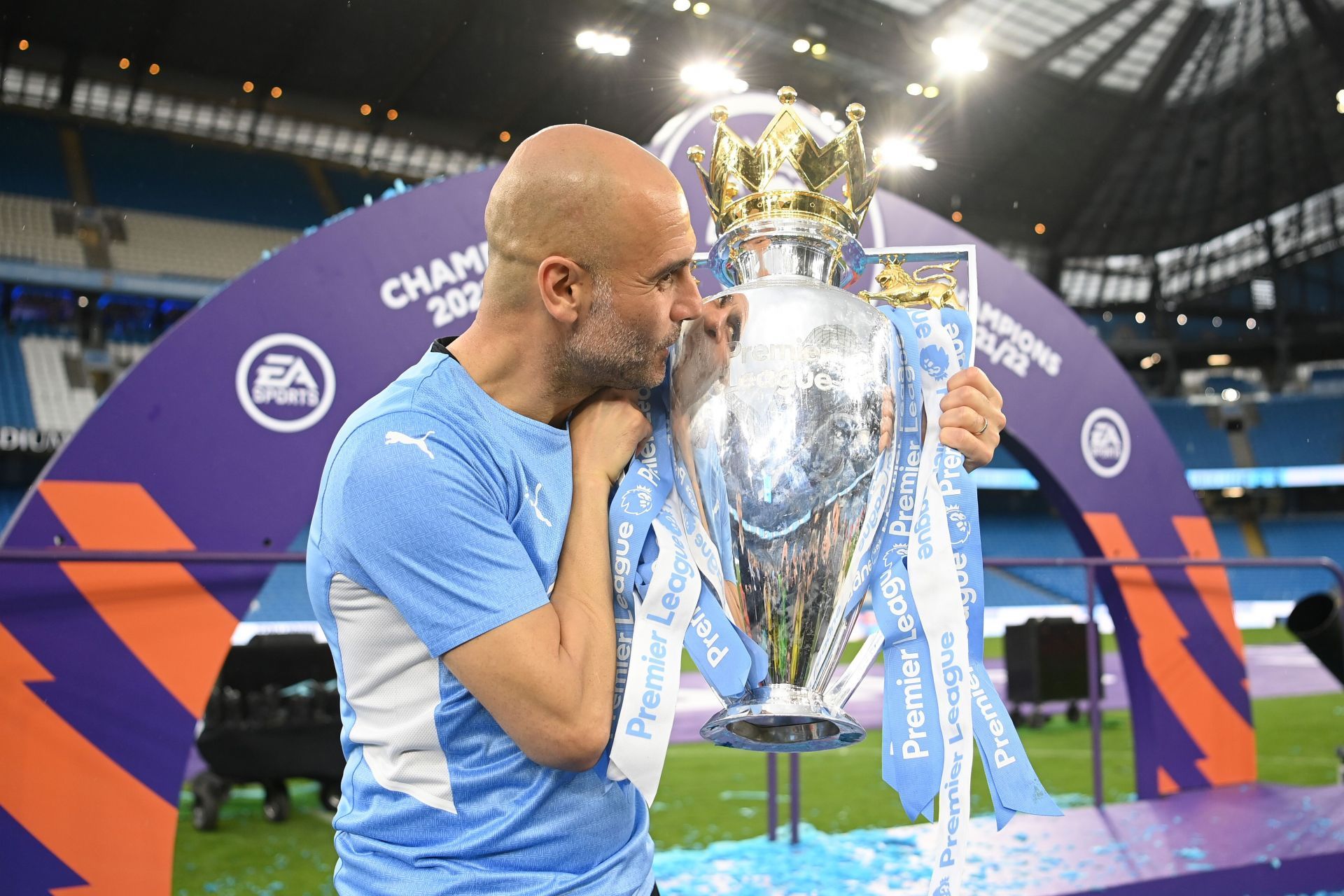 Pep Guardiola with his fourth league title in England