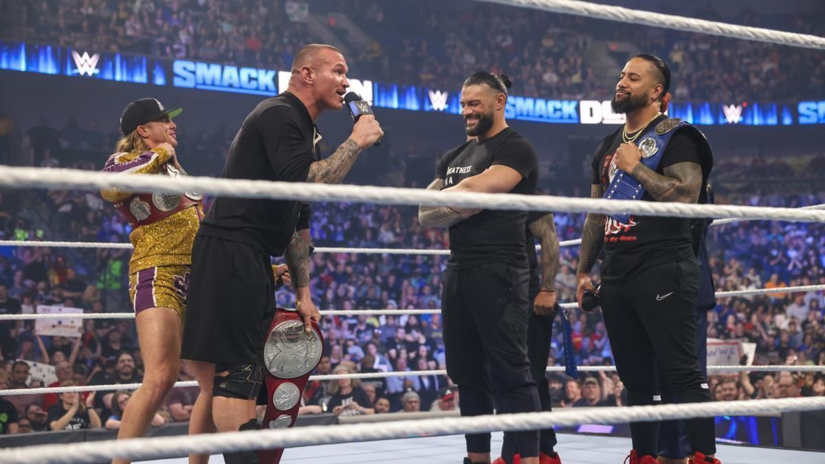 Roman Reigns and The Usos during a segment with RK Bro on SmackDown
