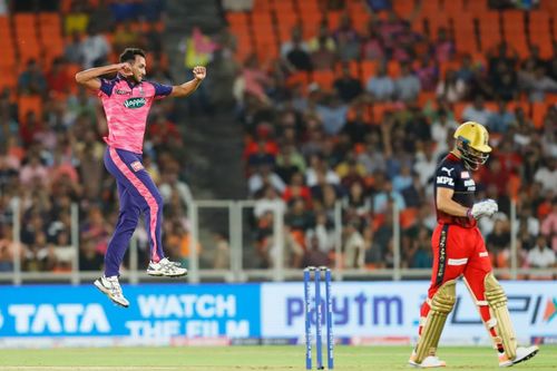 RR pacer Prasidh Krishna jumps for joy after dismissing Virat Kohli. Pic: IPLT20.COM