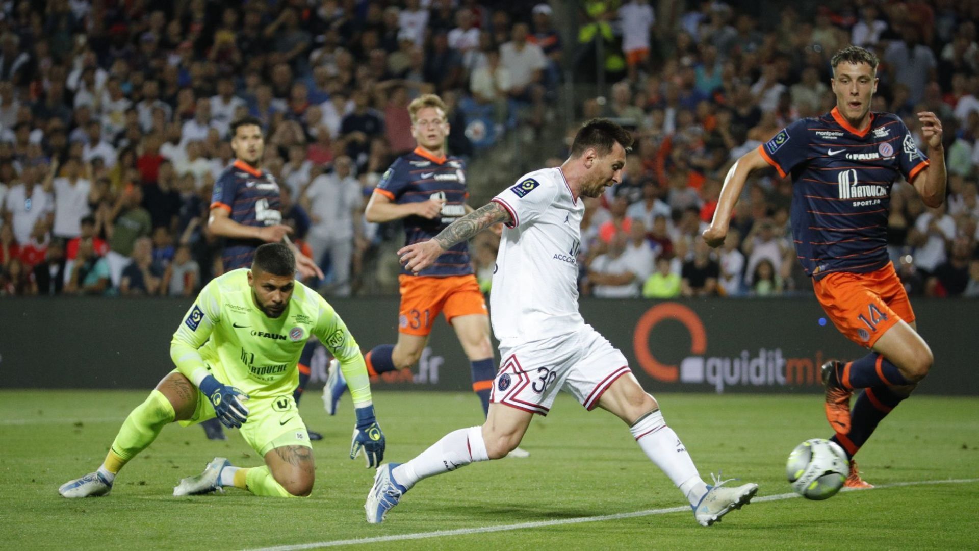 Lionel Messi scores to make it 2-0 for Paris Saint-Germain against Montpellier.