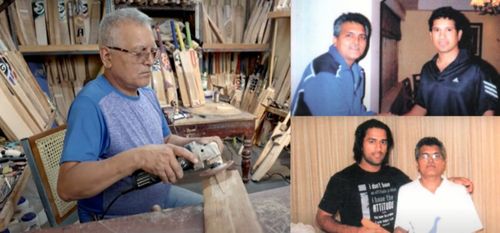 (Left) Ram Bhandari at work; (Right) ‘The Bat Doctor’ with Sachin Tendulkar (above) and MS Dhoni (below).