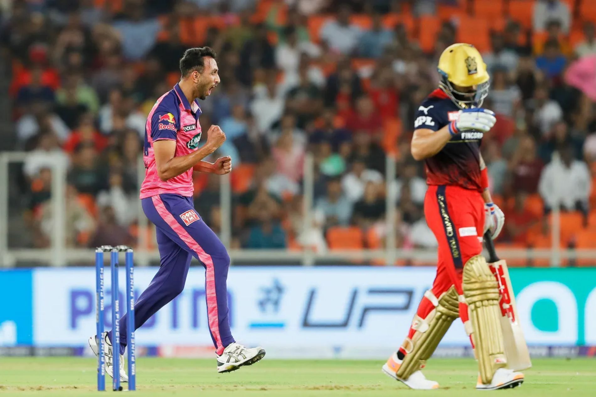 Prasidh Krishna roars after getting the big wicket of Virat Kohli. Pic: IPLT20.COM